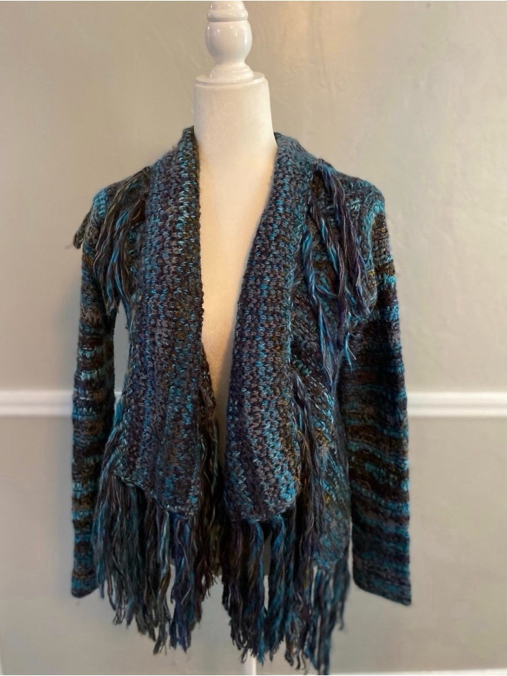 Free People Multicolor Blue & Gray Fringe Open-Front Cardigan